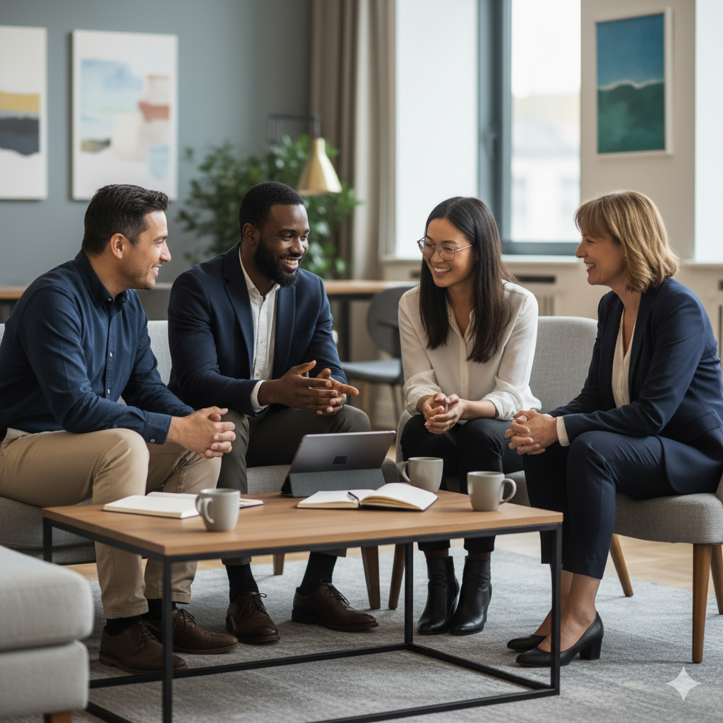 Profissionais da ResolveCred atendendo clientes em escritório moderno